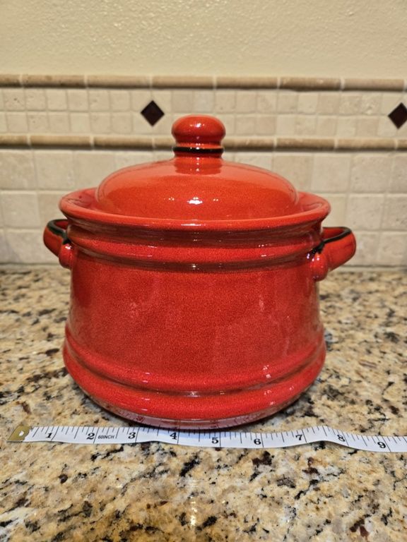 Red Ceramic Lidded Pot/Bean Pot - Glazed Earthenware with Handles, 8" Diameter