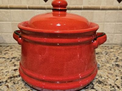 Red Ceramic Lidded Pot/Bean Pot - Glazed Earthenware with Handles, 8" Diameter
