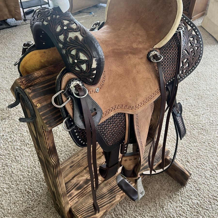 Rustic saddle stand with bridal hook and shelf