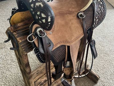 Rustic saddle stand with bridal hook and shelf