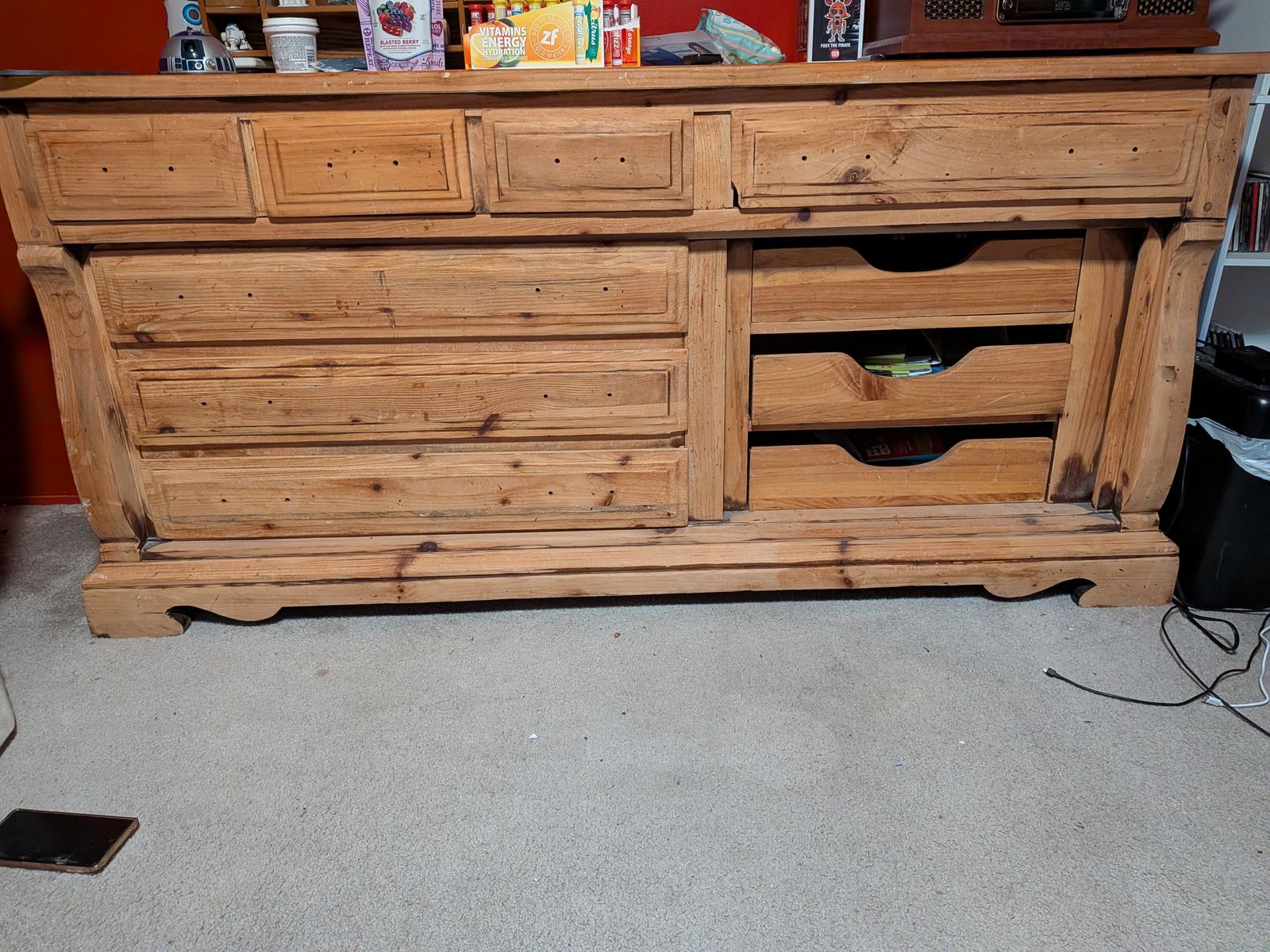 Wooden Dresser with 9 Drawers - Rustic Pine Finish