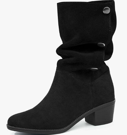 Womens Suede Mid Calf Boots 3 Way Fold Over Style Chunky Block Heel - Size 10