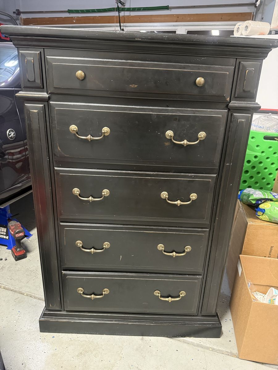 Black Wooden 5-Drawer Chest with Brass Hardware - Minor Scuffs/Wear, Storage Dresser