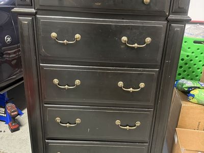 Black Wooden 5-Drawer Chest with Brass Hardware - Minor Scuffs/Wear, Storage Dresser