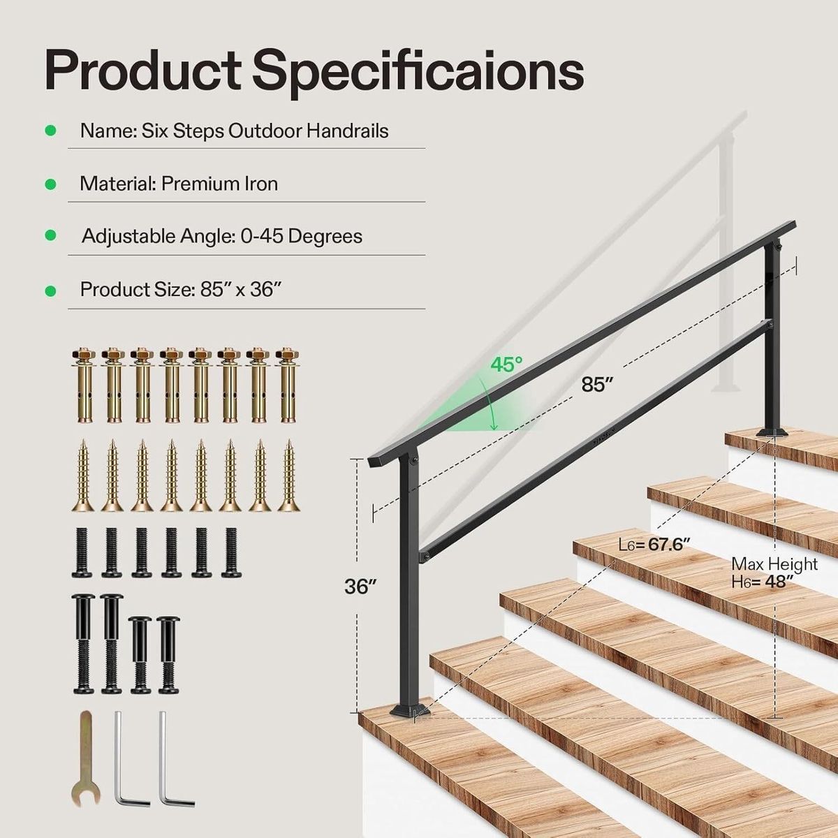 VIVOSUN Outdoor Handrail, 83" x 36"