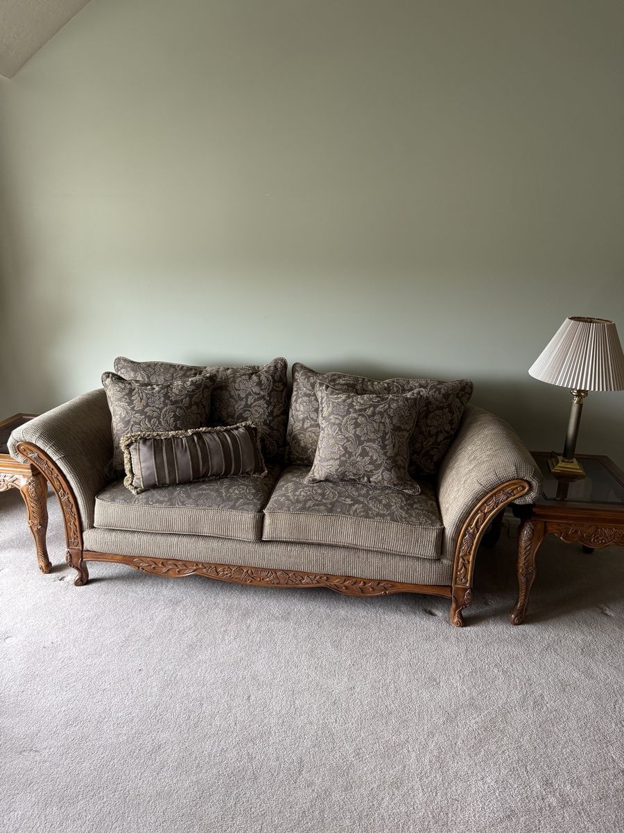 Ornate Carved Wood Frame Sofa Couch with Floral Fabric Upholstery
