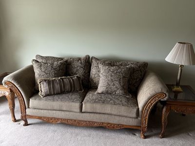 Ornate Carved Wood Frame Sofa Couch with Floral Fabric Upholstery