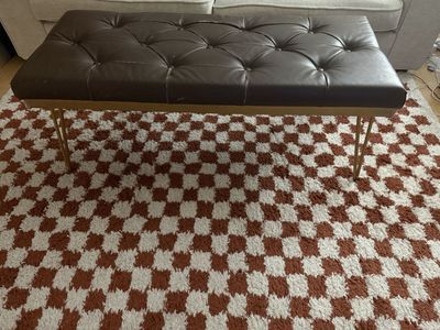 Tufted Brown Leather Ottoman Bench with Gold Hairpin Legs - Accent Furniture
