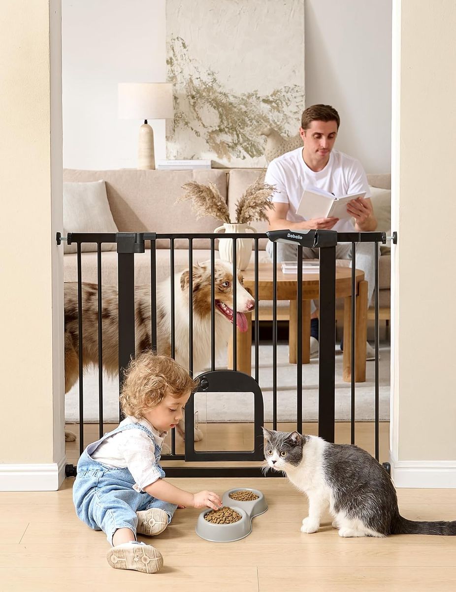 29-43" Auto Close Durable Dog Gate for Stairs, Doorways and House, Easy Walk Thru Safety Gate with Pet Door, Black