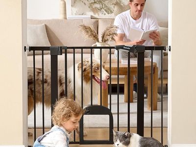 29-43" Auto Close Durable Dog Gate for Stairs, Doorways and House, Easy Walk Thru Safety Gate with Pet Door, Black