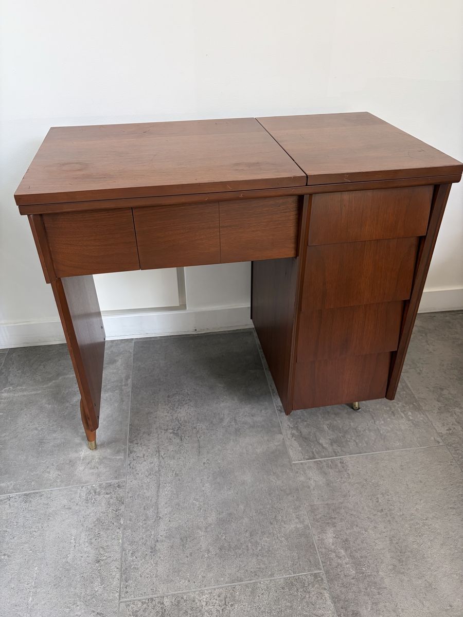 Vintage 1960s Mid-Century Modern Wooden Sewing Machine Cabinet/ Desk with Drawers (Model: Centennial 2600)