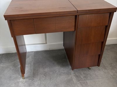 Vintage 1960s Mid-Century Modern Wooden Sewing Machine Cabinet/ Desk with Drawers (Model: Centennial 2600)