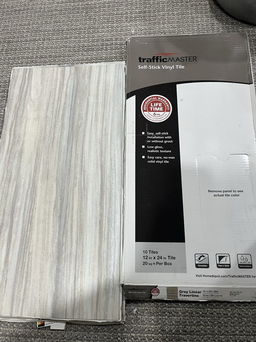TrafficMASTER Grey Linear Travertine 12"x24" Self-Stick Vinyl Tile (20 sq ft per box)