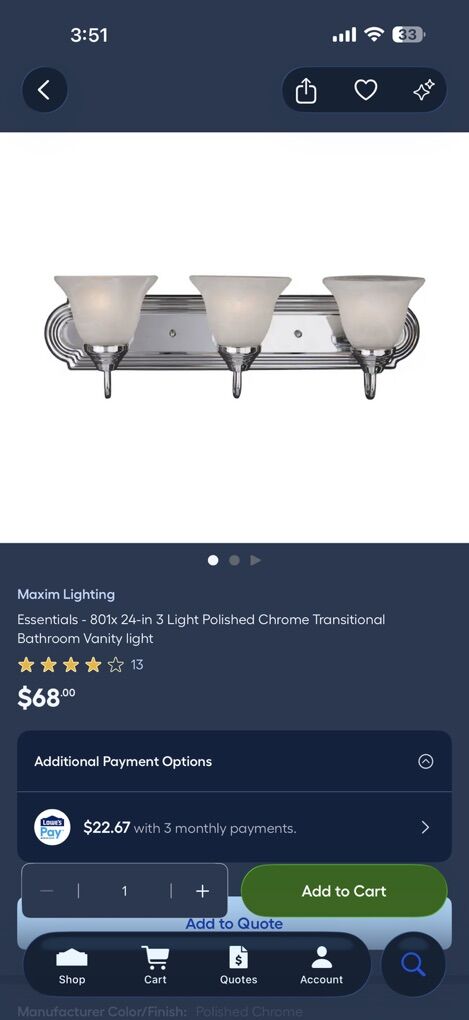 Maxim essentials 3 vanity Light.