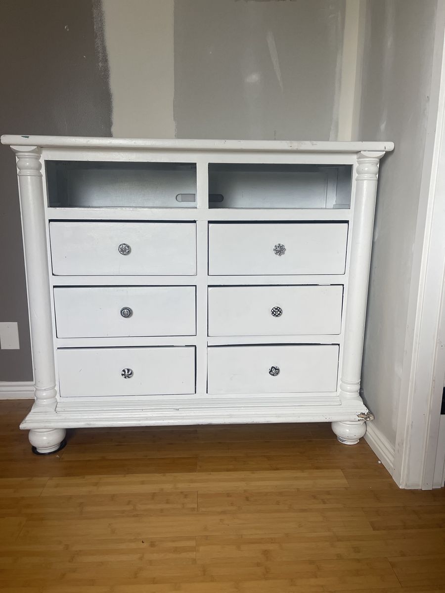 White dresser Console with 6 Drawers and Open Shelves