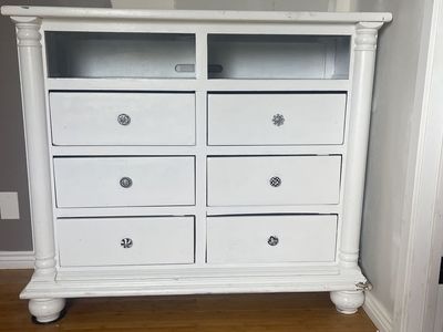 White dresser Console with 6 Drawers and Open Shelves