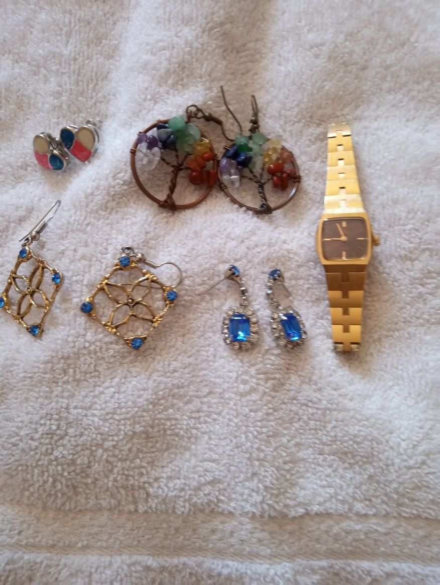 Assorted Jewelry Lot: Earrings & Gold-Tone Watch, Mixed Styles
