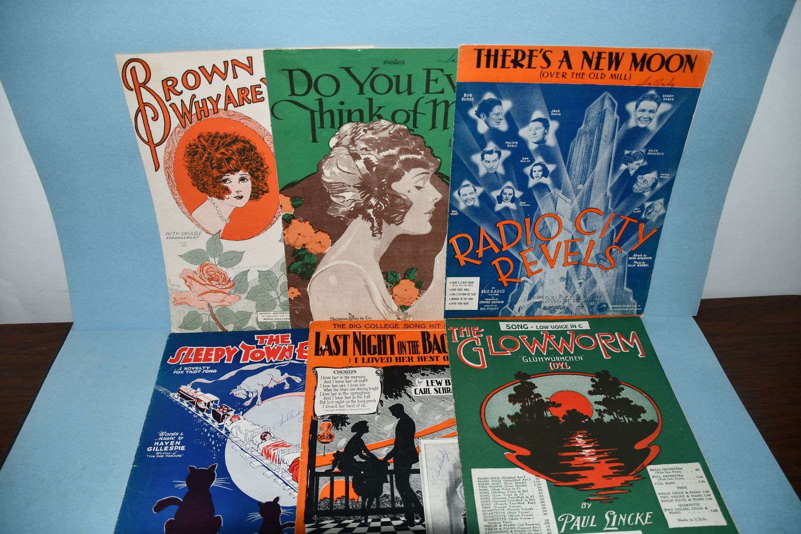6 VINTAGE SHEET MUSIC ~ GLOWWORM, SLEEPY TOWN, LAST NIGHT, NEW MOON, BROWN EYES, THINK OF ME
