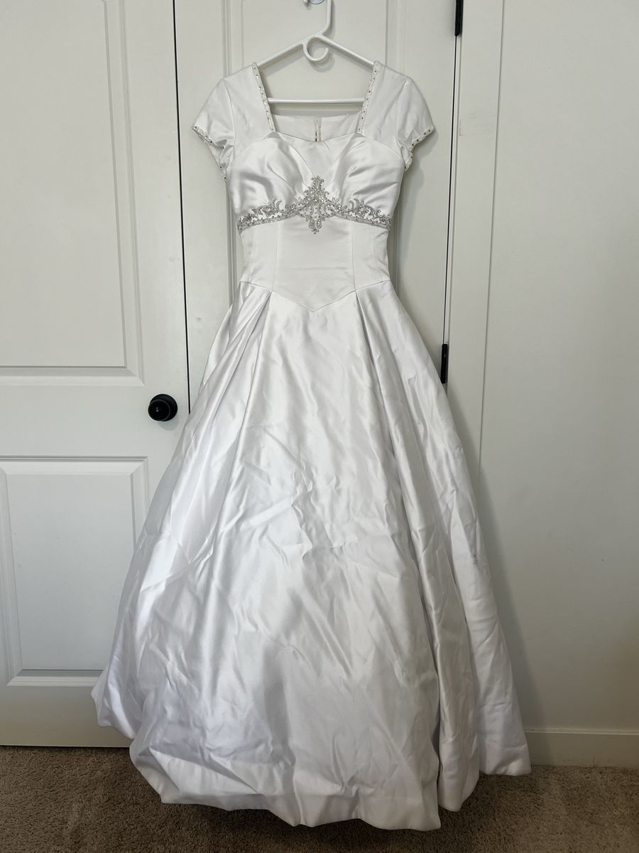 White Satin Wedding Dress with Beaded Bodice and Cap Sleeves