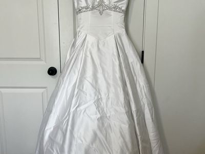 White Satin Wedding Dress with Beaded Bodice and Cap Sleeves