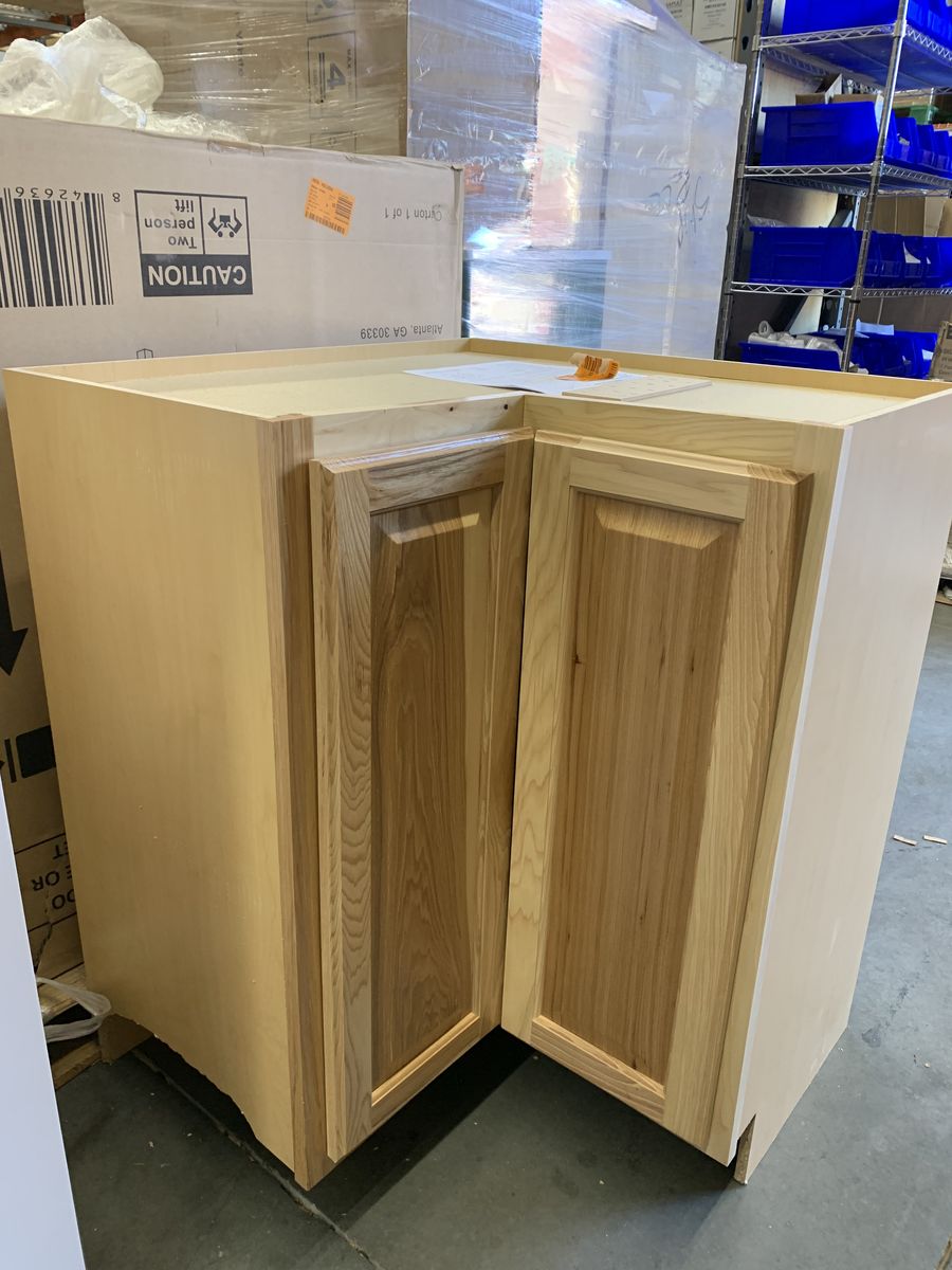 Hampton Bay Hampton 36 in. W x 16.5 in. D x 34.5 in. H Assembled Corner Lazy Susan Base Kitchen Cabinet in Natural Hickory