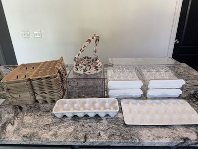 Egg Storage & Gathering Lot - Clear Plastic Drawers, Ceramic Tray, Fabric Basket & Paper Cartons