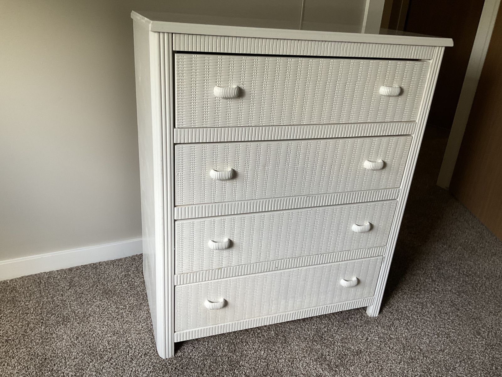 White Wicker Laminate Dresser & Nightstand And  Navy Blue Manual Pushback Recliner
