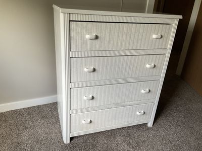 White Wicker Laminate Dresser & Nightstand And Navy Blue Manual Pushback Recliner