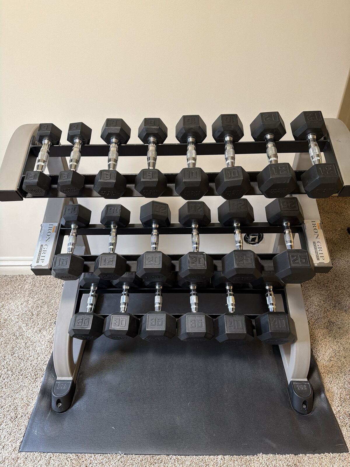 Iron Grip Commercial DBs 5lb-40lbs, Rack & Bench