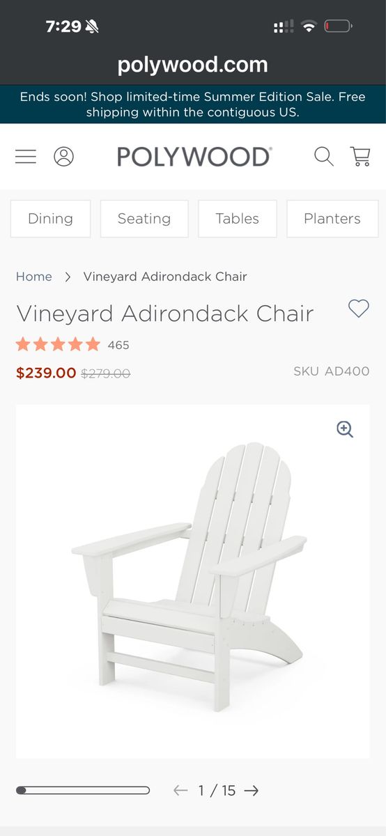 POLYWOOD Vineyard Adirondack Chair - White Outdoor Patio Furniture, SKU AD400