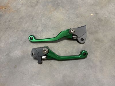 Green Kawasaki Dirtbike Levers - Adjustable Brake & Clutch Breakaway Set.