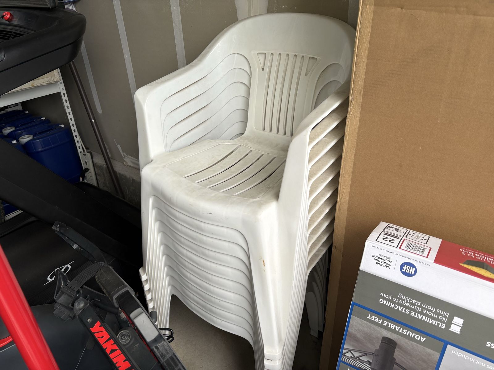 Stack of 10 White Plastic Patio Garden Chairs