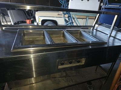 3 Well Steam Table with Upper Shelf and Tray Shelf
