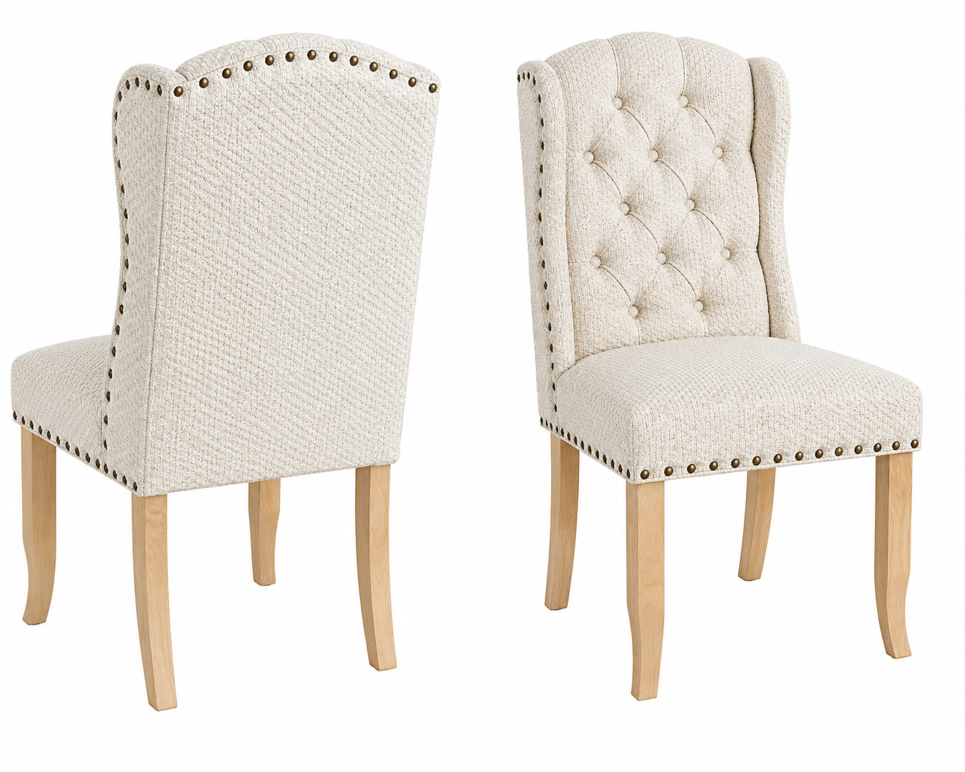 Cream Tufted Wingback Dining Chair with Nailhead Trim and Light Wood Legs - Set of 2