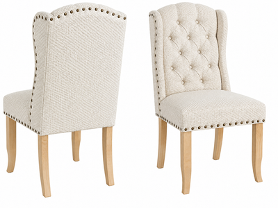 Cream Tufted Wingback Dining Chair with Nailhead Trim and Light Wood Legs - Set of 2