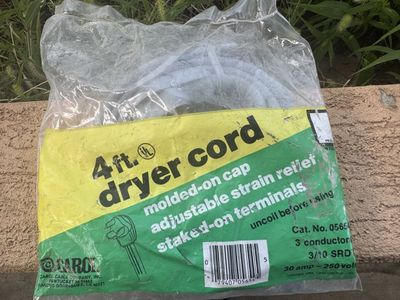 Carol 4ft Dryer Cord 3-Conductor 30 Amp 250V Molded-on Cap