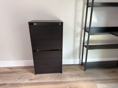 Dark Wood Finish Shoe Storage Cabinet with Two Flip-Down Compartments