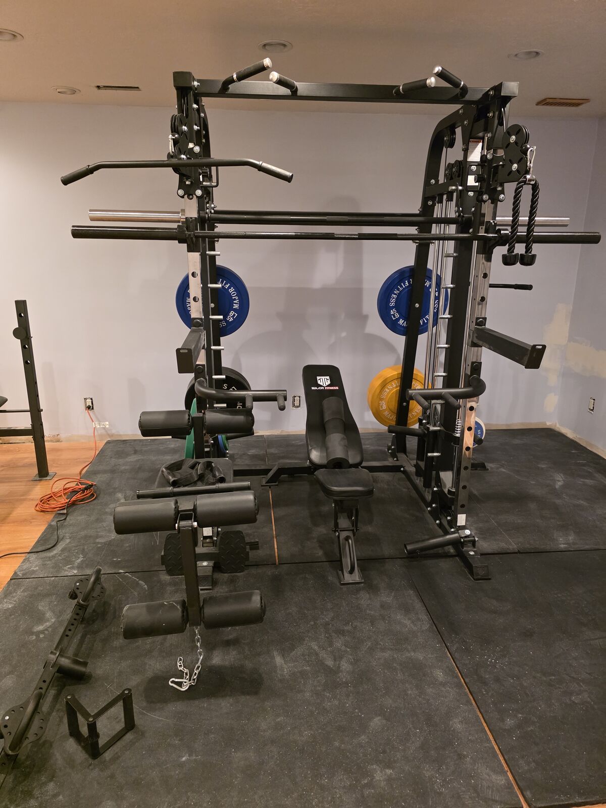 All-in-One Home Gym Smith Machine, Plates, Bar, Bench and Mounted Leg Extension Rack