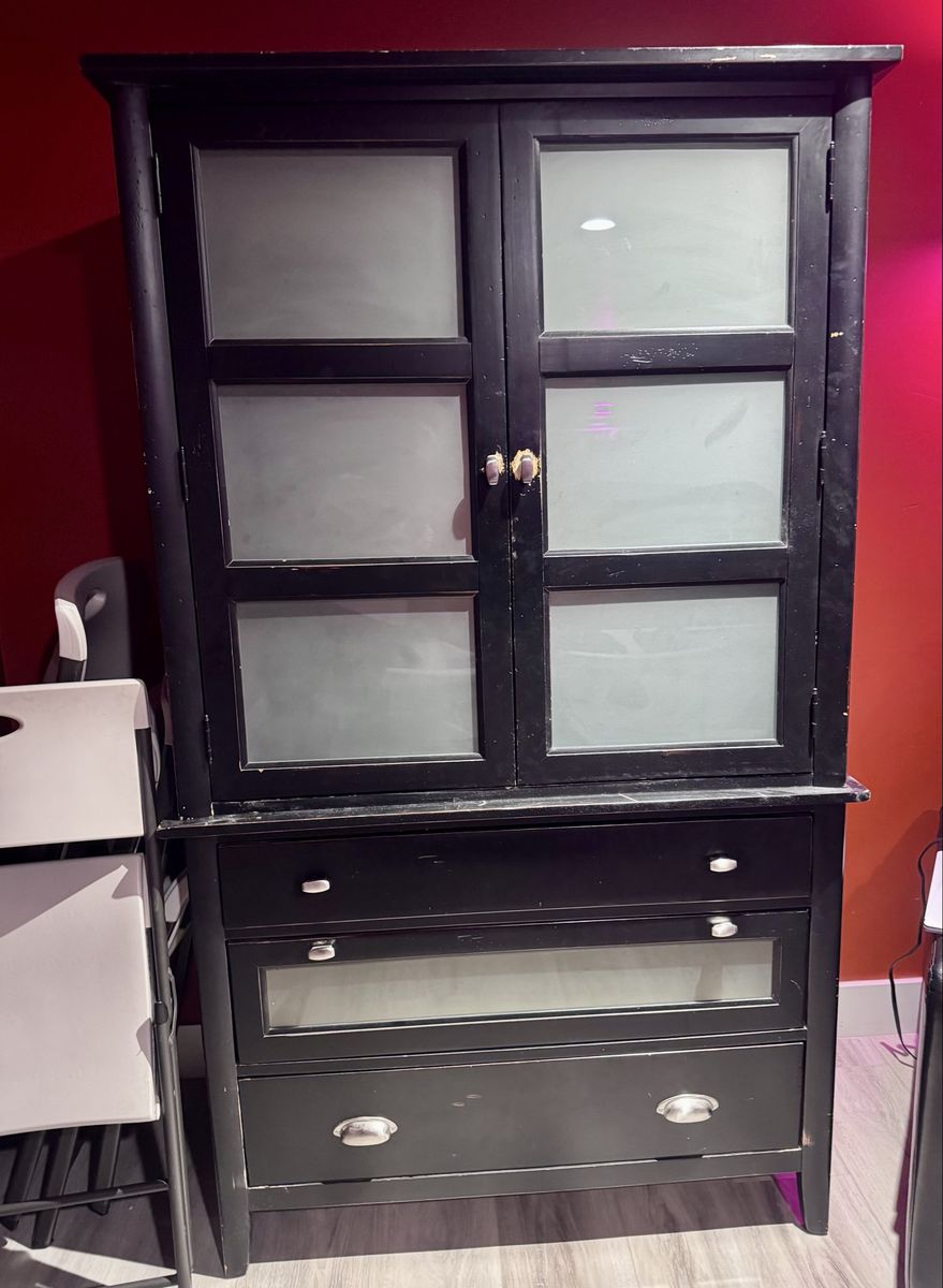 Black Wooden Armoire Wardrobe Cabinet w/ Frosted Glass Doors & Cedar Drawers - Storage & Organization