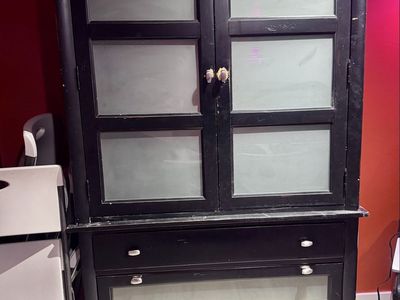 Black Wooden Armoire Wardrobe Cabinet w/ Frosted Glass Doors & Cedar Drawers - Storage & Organization