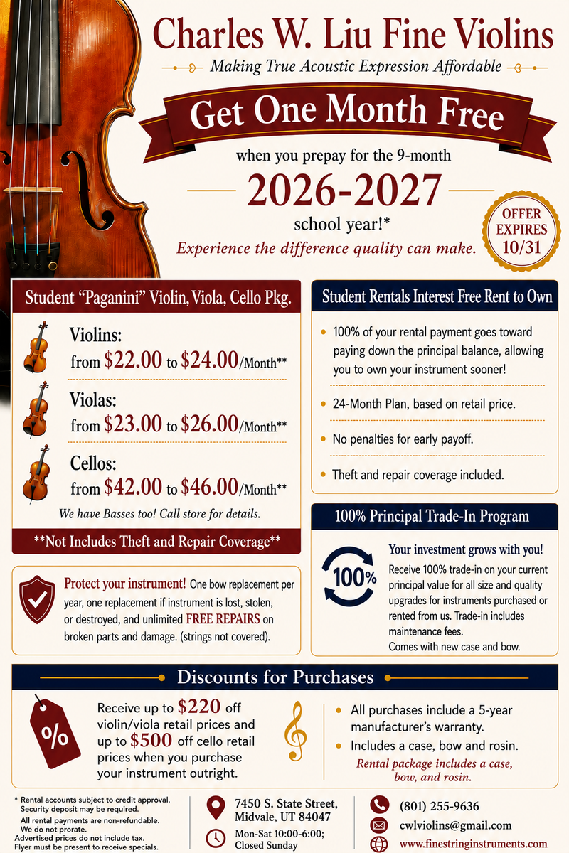Student Violin, Viola & Cello Rentals – 1 Month FREE