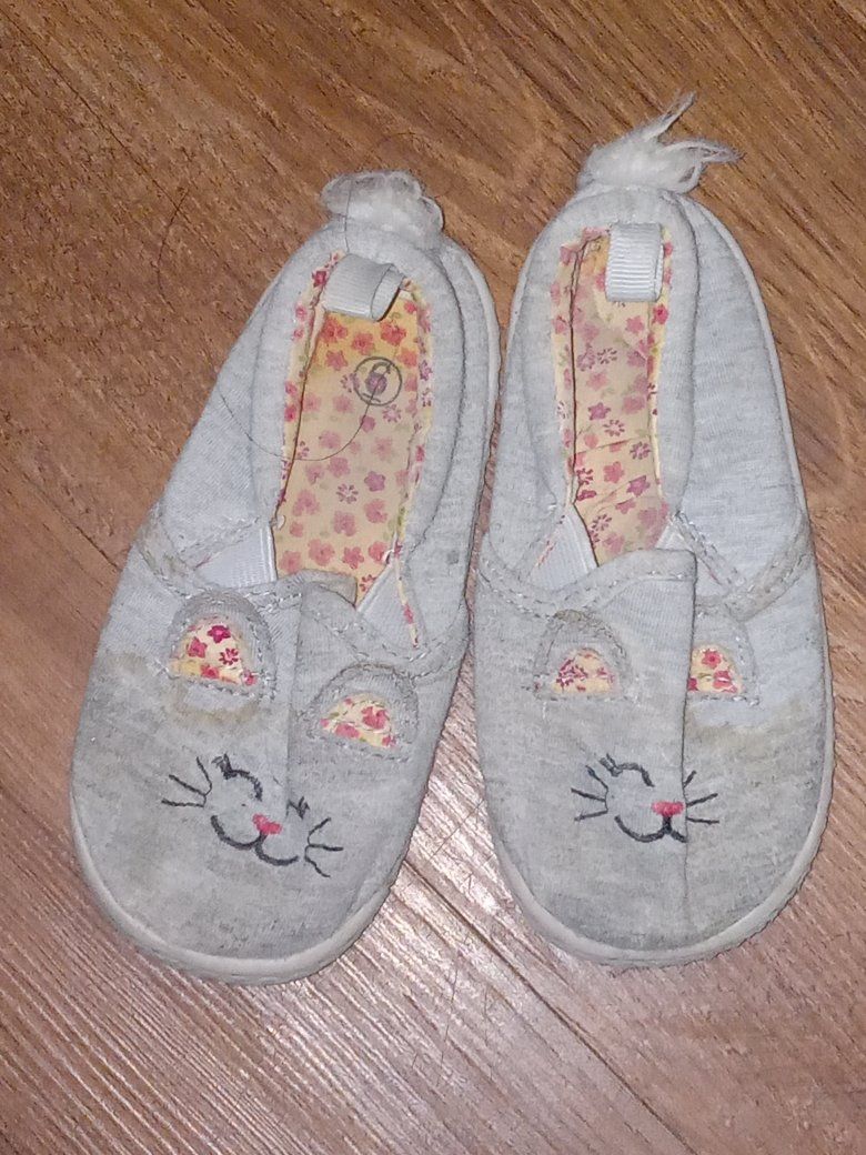 Baby Girl Bunny Cat Face Slipper Shoes Size 6 Grey Floral Lining