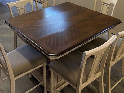 8 Piece Dining Set - Arcadia Bisque Counter Height Island Table (leaf included) & 6 24" counter stools with backs
