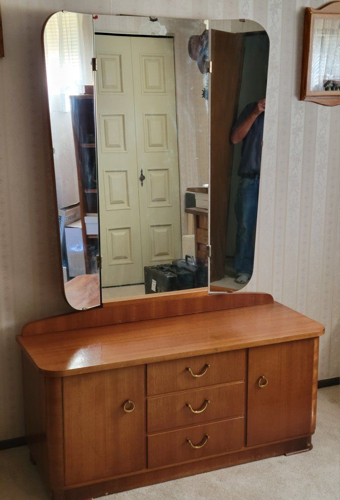 Vintage Mid-Century Wooden Vanity Dresser with Tri-Fold Mirror 