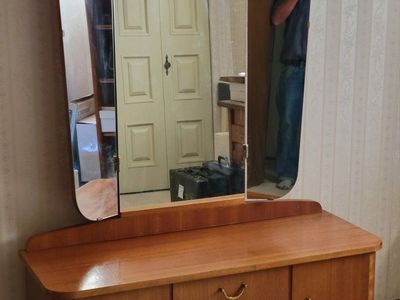 Vintage Mid-Century Wooden Vanity Dresser with Tri-Fold Mirror