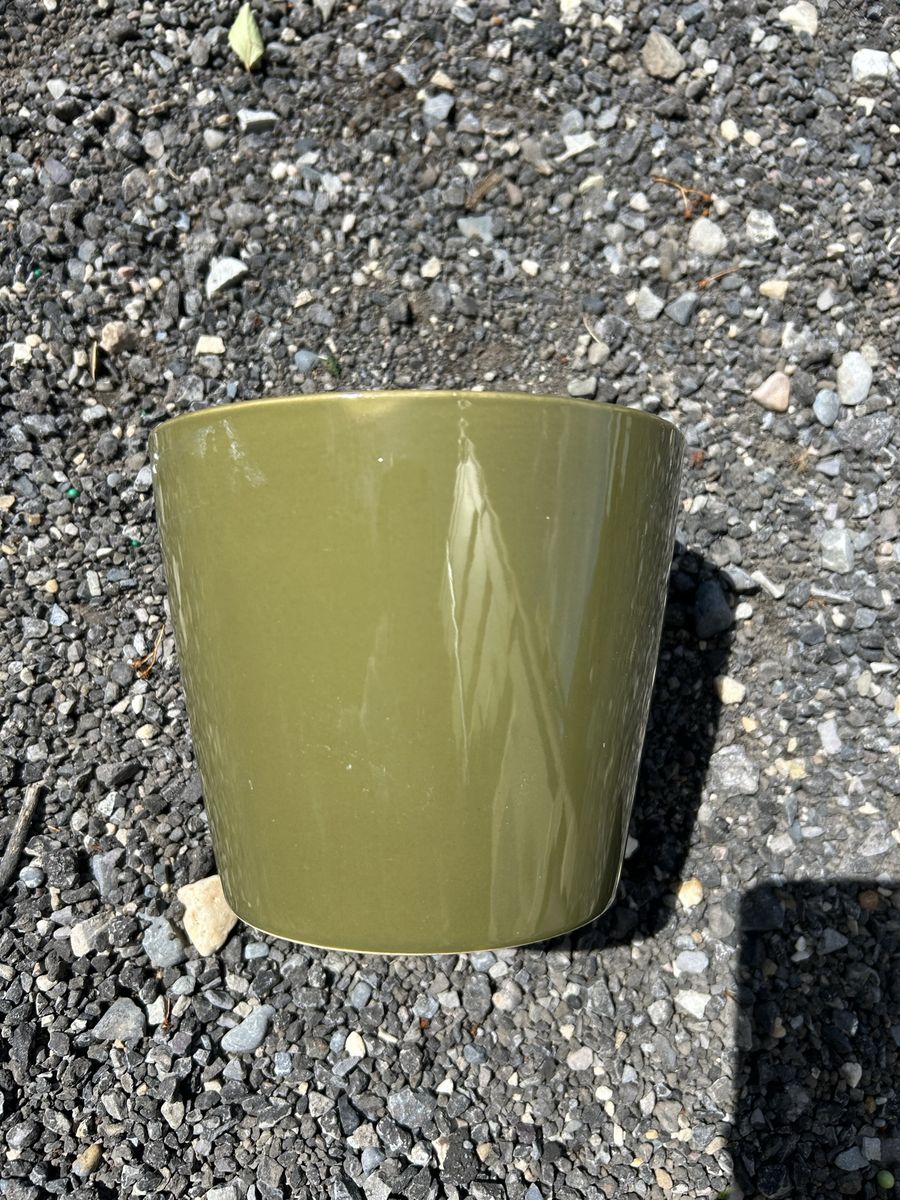 Olive Green Ceramic Plant Pot - 9.5 Inch Diameter, Good Condition