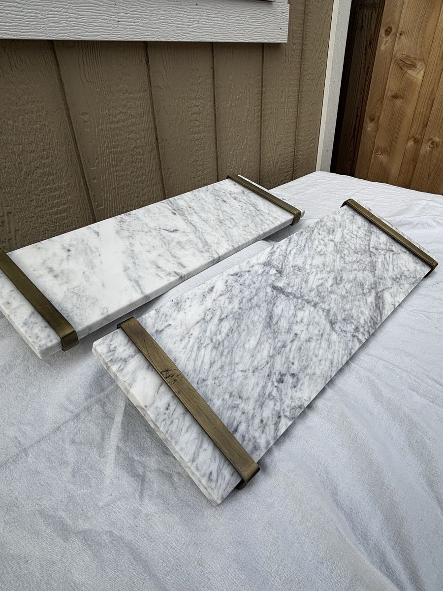 Set of 2 White Marble Shelves with Brass Hardware Brackets