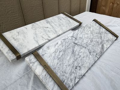 Set of 2 White Marble Shelves with Brass Hardware Brackets