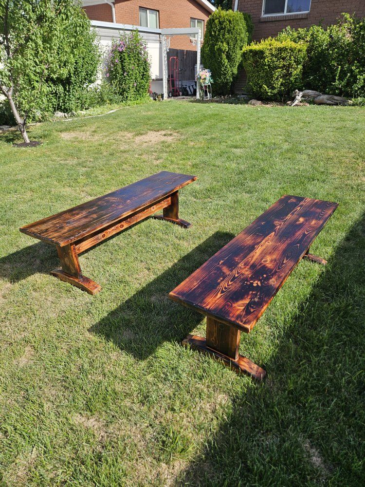 Rustic Charred Wood Bench Set - 60" Long, Dark Wood Finish