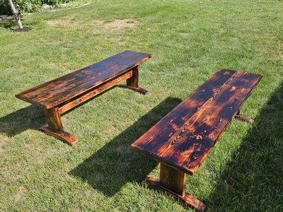 Rustic Charred Wood Bench Set - 60" Long, Dark Wood Finish